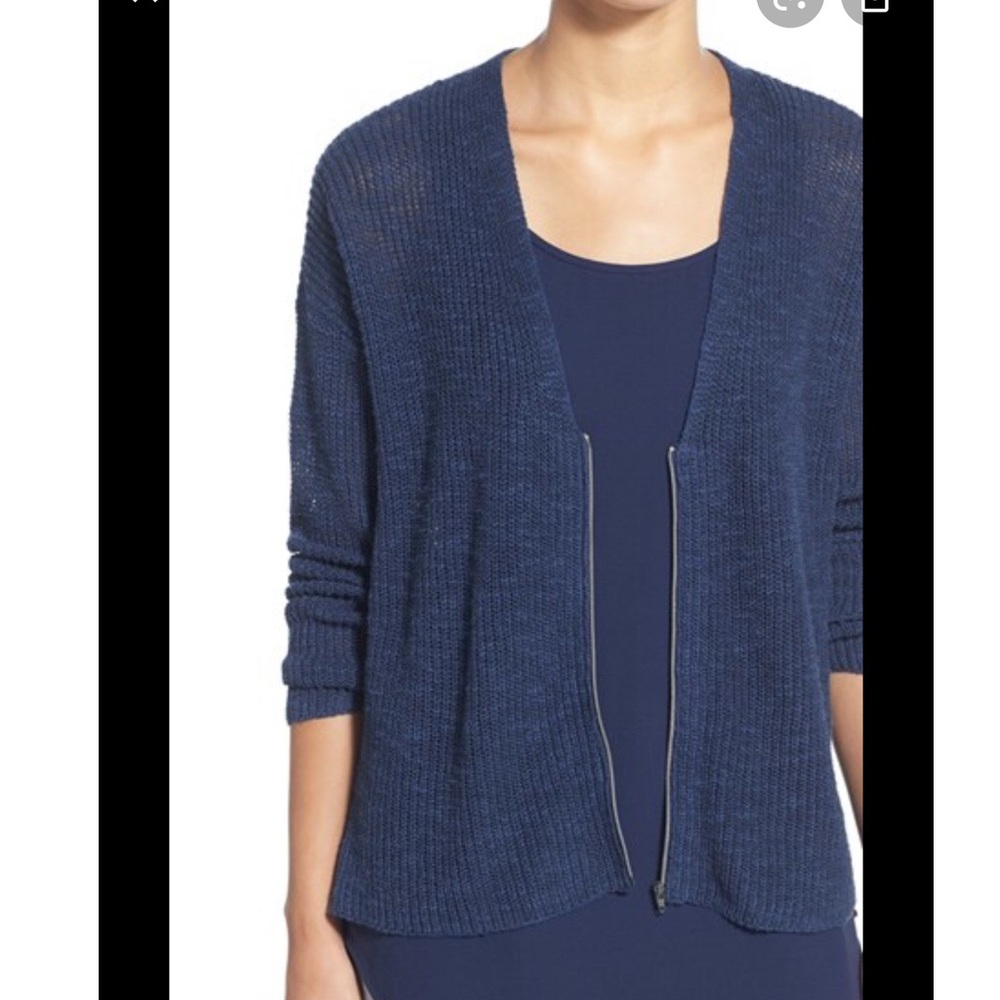 Eileen Fisher Sz Md Boxy Fit Blue Zip Cardigan